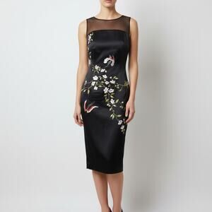Mandalay | Vintage floral embroidered bird flower satin sheath cocktail dress 4
